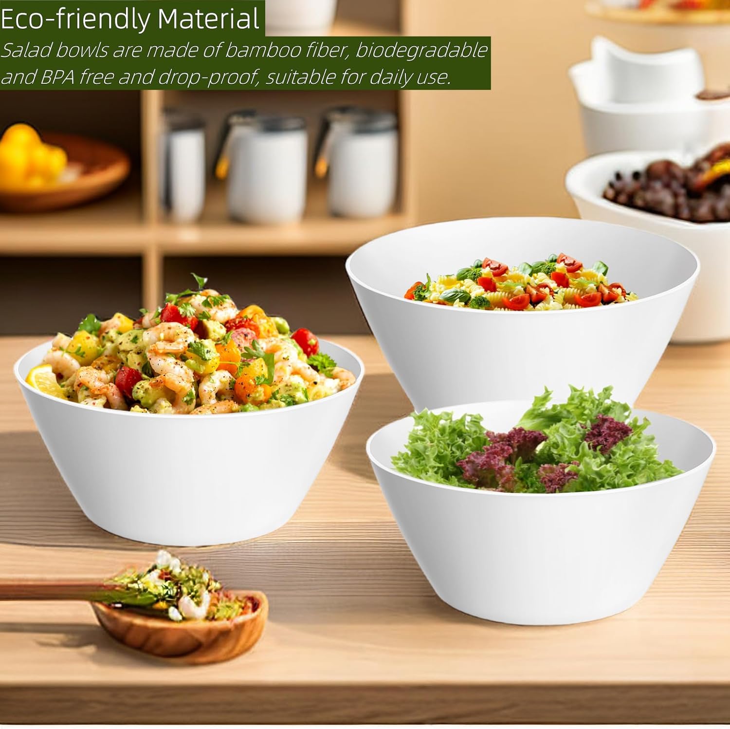 10 inch Large Salad Bowls, White Serving Bowls 118 oz, Bamboo Fiber Bowls Set of 3, Microwave and Dishwasher Safe, Great for Salad, Fruits, Vegetables and Party