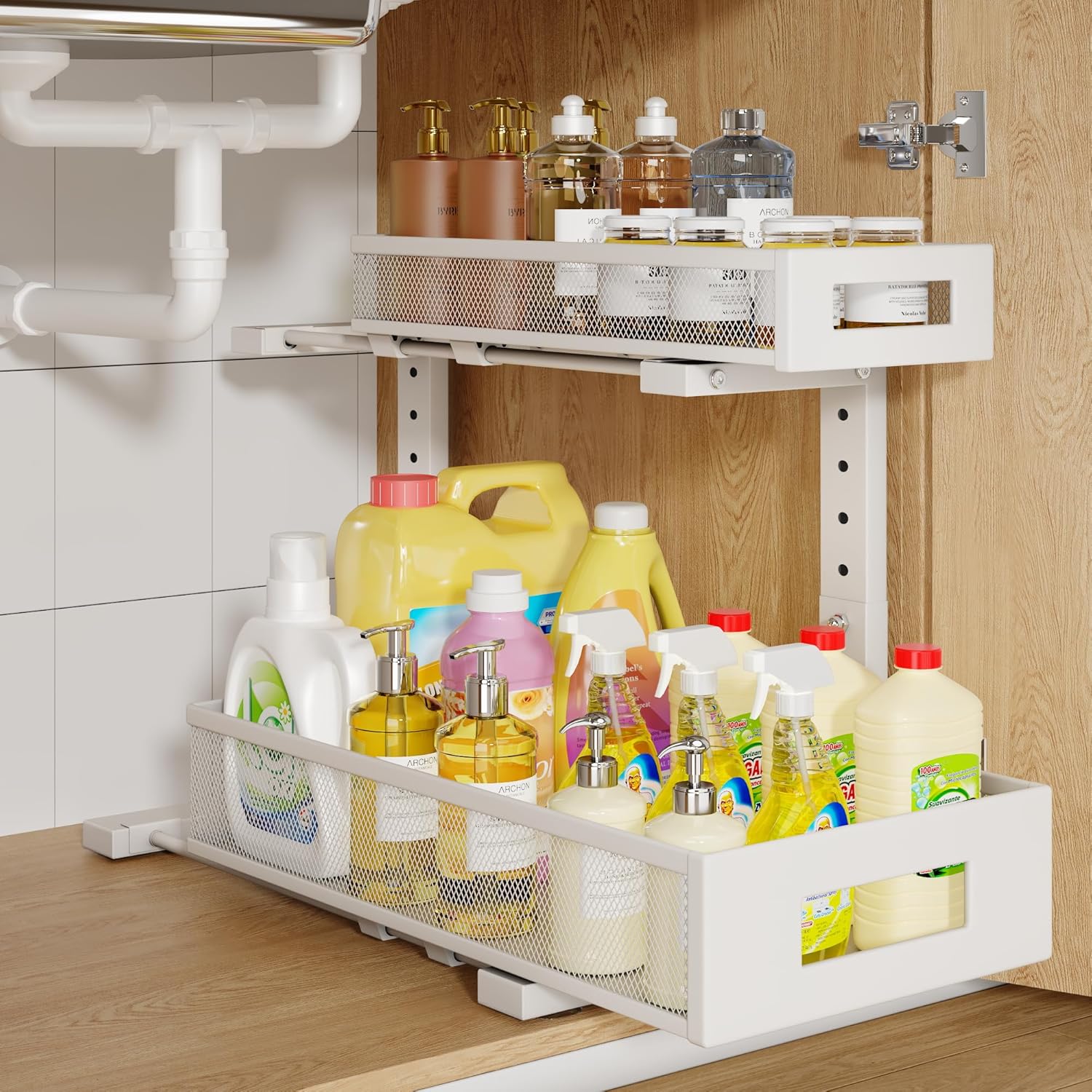 1 Pack 17IN Depth Under Sink Storage Organizer, Large 2-Tier Elegant Mesh Pull Out Shelf for Kitchen and Bathroom Cabinet Organization, L-Shaped and Adjustable Height Design-White