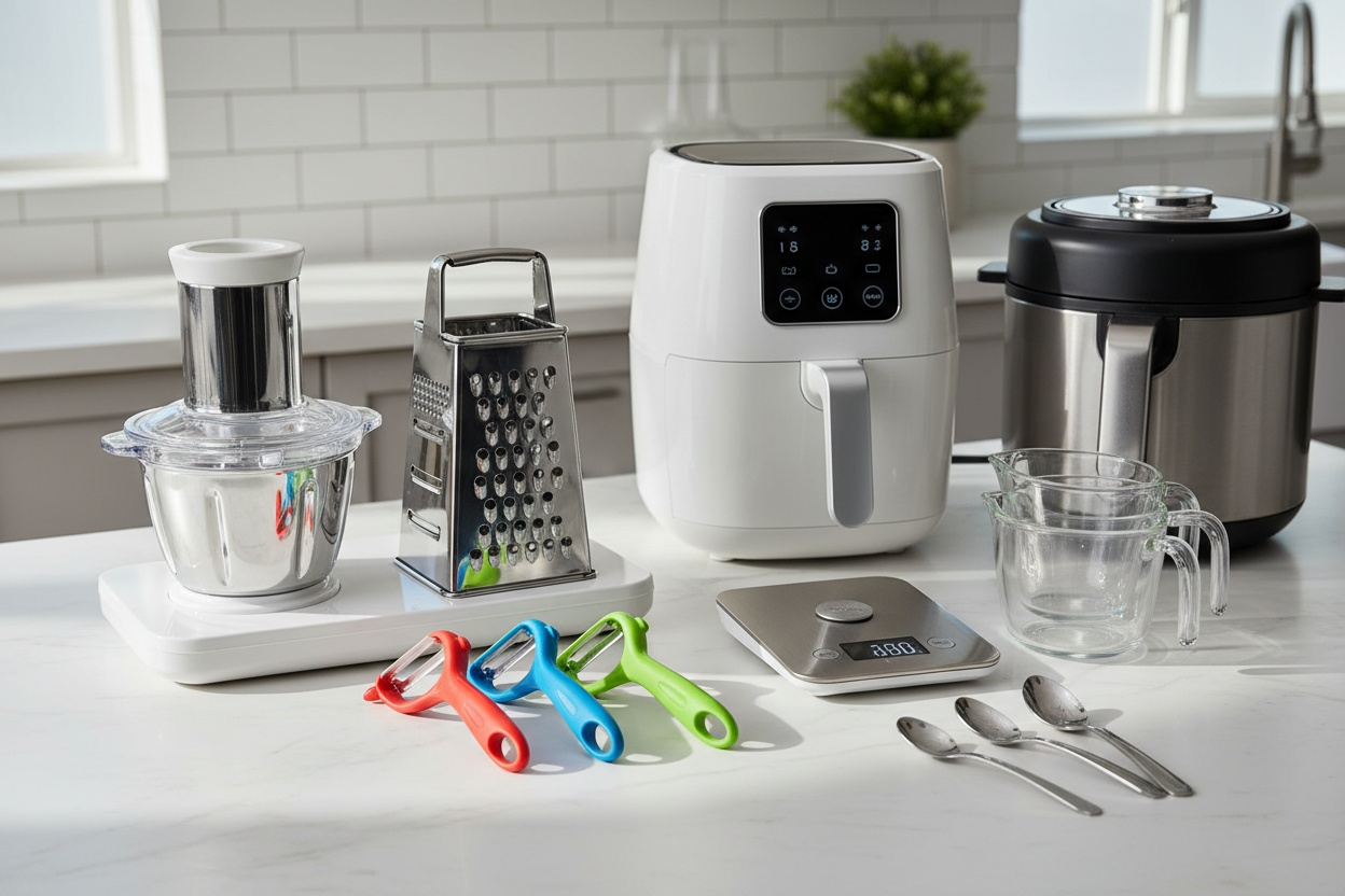 Kitchen Gadgets & Tools

Choppers, peelers, and graters – save time while prepping ingredients.

Measuring tools, timers, and scales – precision made easy.

Innovative gadgets – air fryers, multi-cookers, and more for modern kitchens. (make it real photo)